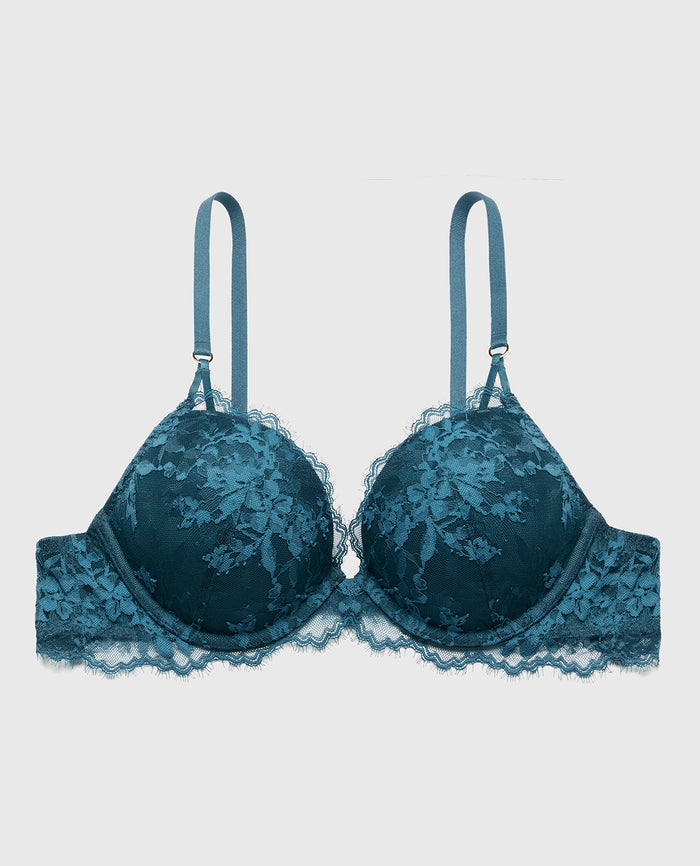 Up 2 Cup Plunge Bra with Bewitched Lace Strap Detail in Legion Blue