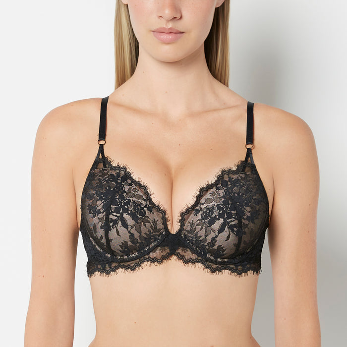 Up 2 Cup Plunge Bra with Bewitched Lace Strap Detail in Tuxedo Black