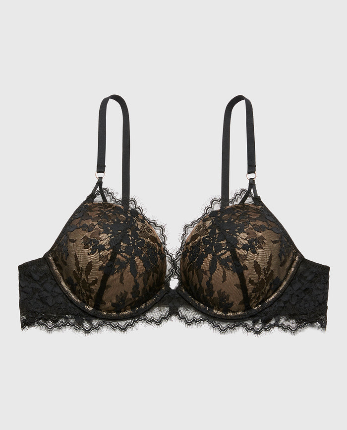 Up 2 Cup Plunge Bra with Bewitched Lace Strap Detail in Tuxedo Black