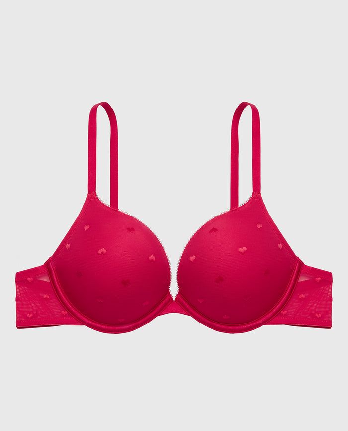 Up 2 Cup Plunge Bra with Heart Mesh in Crimson