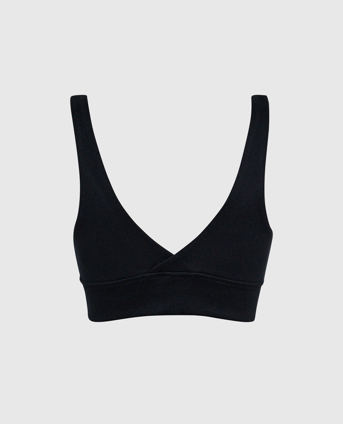 V-Neck Bralette with Logo in Smoulder Black