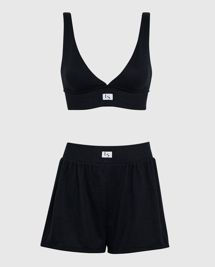 V-Neck Bralette with Logo in Smoulder Black