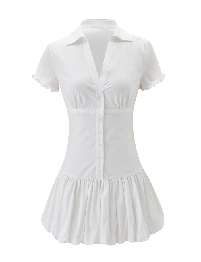 The VALERIE BUBBLE DRESS by TIGERMIST is a crisp white cotton mini dress with short sleeves, a collared neckline, fitted waist, and flared pleated skirt—combining tailored top with flowy bubble mini style.