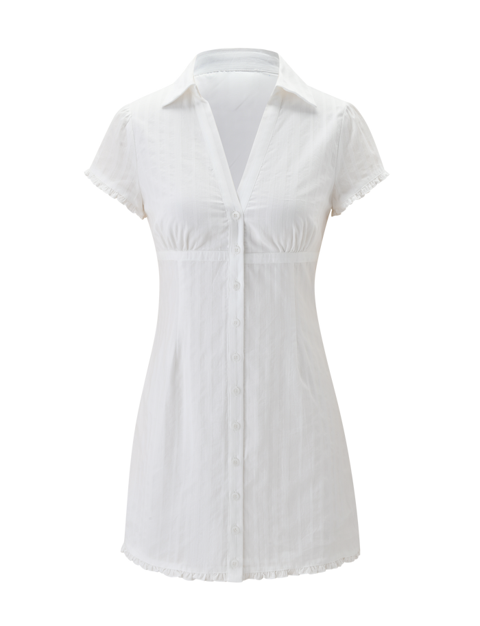 The VALERIE MINI DRESS in white by TIGERMIST features short sleeves, a V-neck, fitted waist, subtle textured pattern, and charming collar with ruffle details—displayed on a plain white background. Perfect for any occasion.