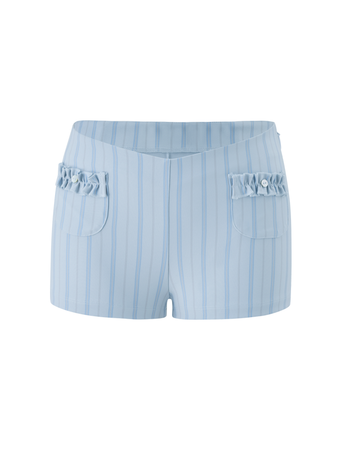 The VALERIE RUFFLE HOT SHORT - BLUE STRIPE by TIGERMIST features a flattering V-cut waistband, ruffle pockets, and front button details, shown against a white background.