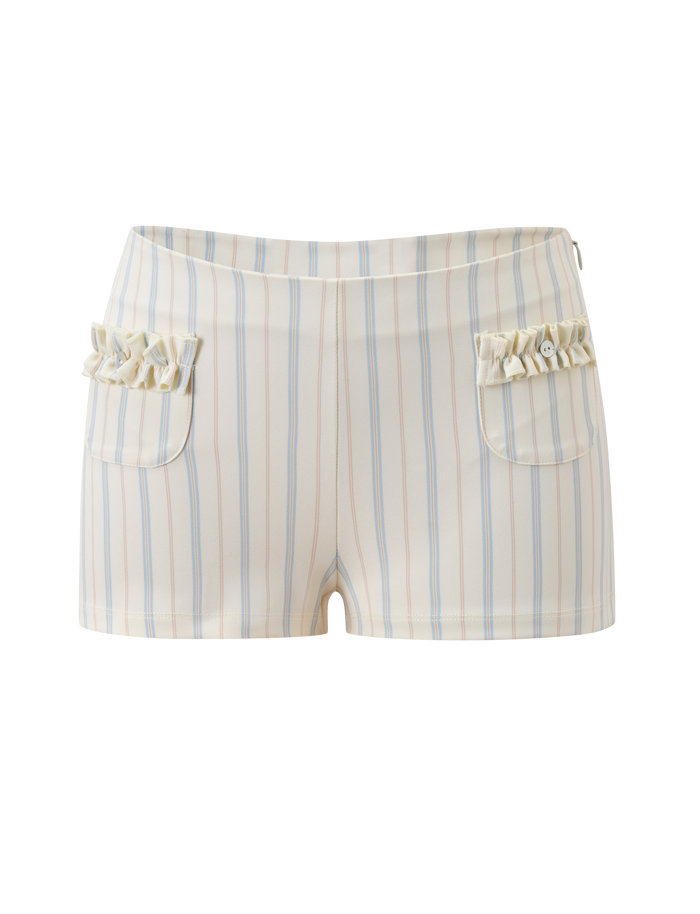 The VALERIE RUFFLE HOT SHORT - STRIPE by TIGERMIST features white pinstripes with pastel blue and beige vertical stripes, a V-cut waistband, two front pockets with ruffled trim and buttons, shown on a white background.
