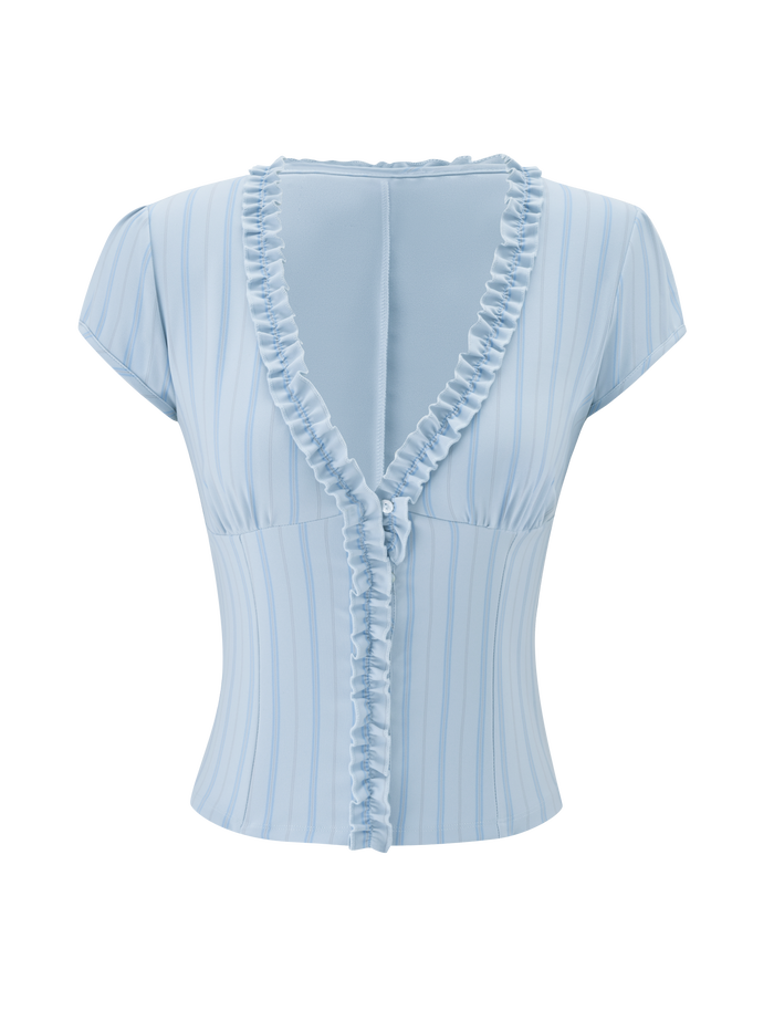 The VALERIE RUFFLE TOP - BLUE STRIPE by TIGERMIST features light blue pinstripes, cap sleeves, a fitted silhouette, and a deep V-neckline with ruffle trim, shown against a plain white background.