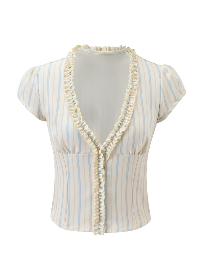 The VALERIE RUFFLE TOP - STRIPE by TIGERMIST is a fitted, short-sleeved blouse with vertical pastel pinstripes, a deep v-neckline, and ruffled trim along the collar and button-down front for a light, feminine look.