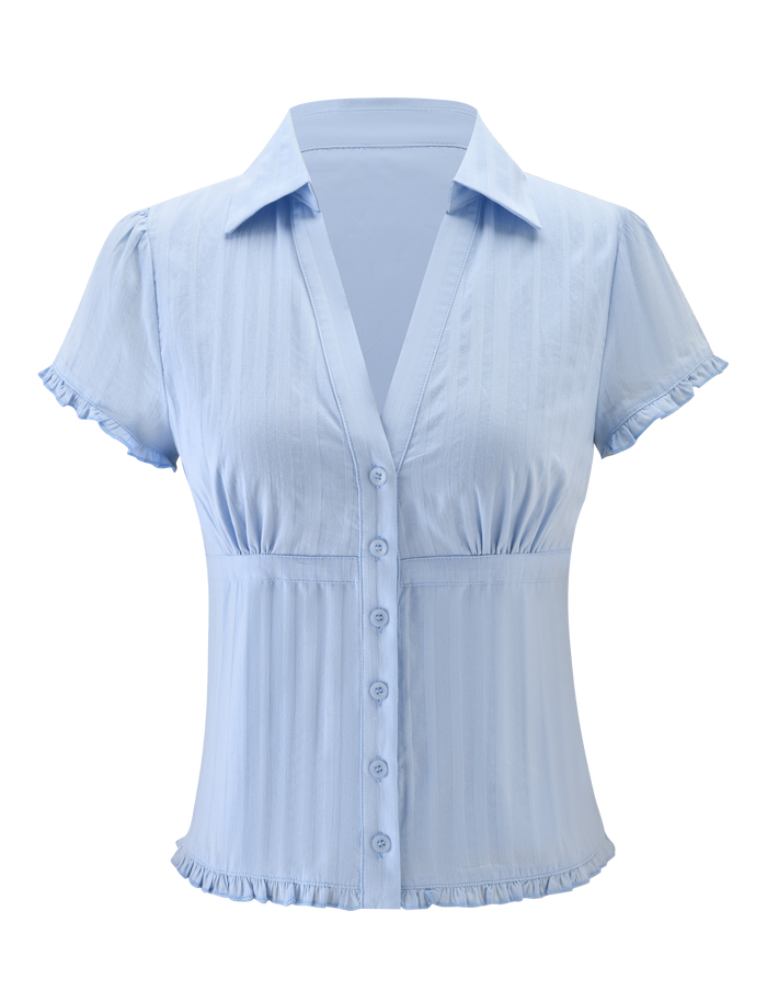 The TIGERMIST VALERIE SHORT SLEEVE SHIRT in baby blue features a collared deep V-neck, button-down front, short sleeves, ruffled edges, and a subtle vertical stripe texture for added style.