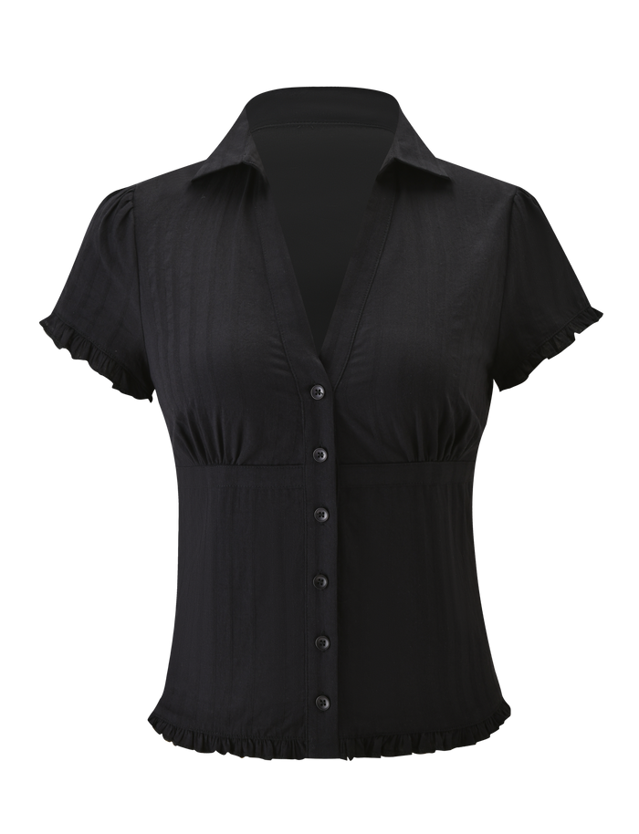 The VALERIE SHORT SLEEVE SHIRT - BLACK by TIGERMIST features short sleeves, a deep V-neck, button-down front, fitted waist, and ruffled edges on the sleeves and hem, shown against a plain white background.