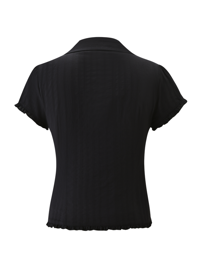 Back view of the TIGERMIST VALERIE SHORT SLEEVE SHIRT - BLACK, a collared woven shirt with subtle ruffled edges on the sleeves and hem, shown against a plain white background.