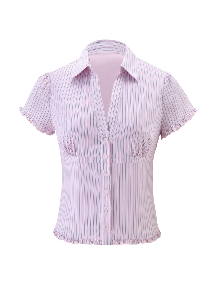 The VALERIE SHORT SLEEVE SHIRT - PINK STRIPE by TIGERMIST features light pink fabric with vertical purple stripes, a collared neckline, short ruffled sleeves, front buttons, a fitted waist, and a ruffled bottom hem.