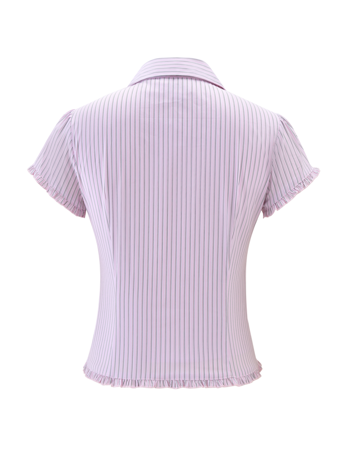 The TIGERMIST VALERIE SHORT SLEEVE SHIRT - PINK STRIPE is a fitted blouse with vertical pink and white stripes, ruffled sleeve edges, and a ruffled hem, shown from the back.