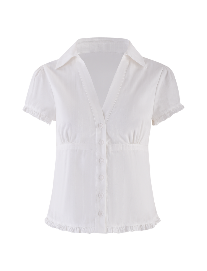 The TIGERMIST VALERIE SHORT SLEEVE SHIRT in white features a deep V-neck, front buttons, collar, and ruffle trim on the sleeves and hem. This fitted shirt flatters your silhouette.