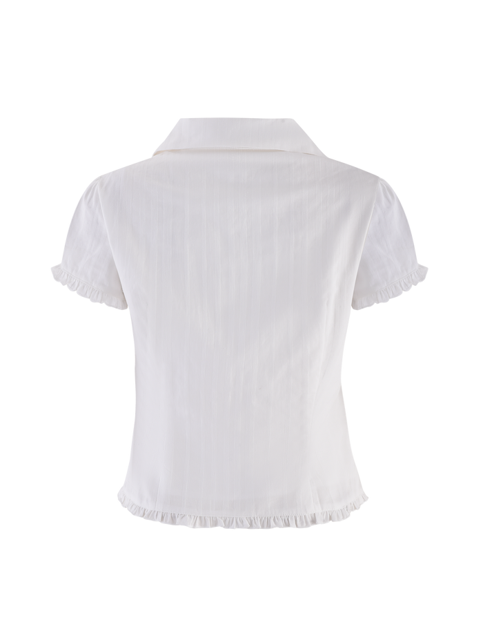 Back view of the TIGERMIST VALERIE SHORT SLEEVE SHIRT in white, featuring a fitted silhouette, collared neckline, subtle vertical stripes, and delicate ruffled trim on the sleeves and hem.
