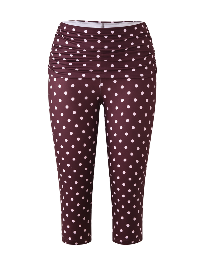 The TIGERMIST VALI POLKA DOT CAPRI in chocolate with pink dots features a ruched waistband and cropped fit, showcased on a plain white background.