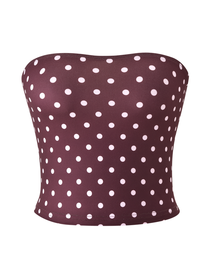 The TIGERMIST VALI POLKA DOT TOP in chocolate with pink dots is a strapless tube top, shown against a plain white background.