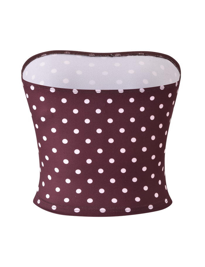 The TIGERMIST VALI POLKA DOT TOP features a chocolate strapless design with evenly spaced pink dots, displayed on a plain white background.