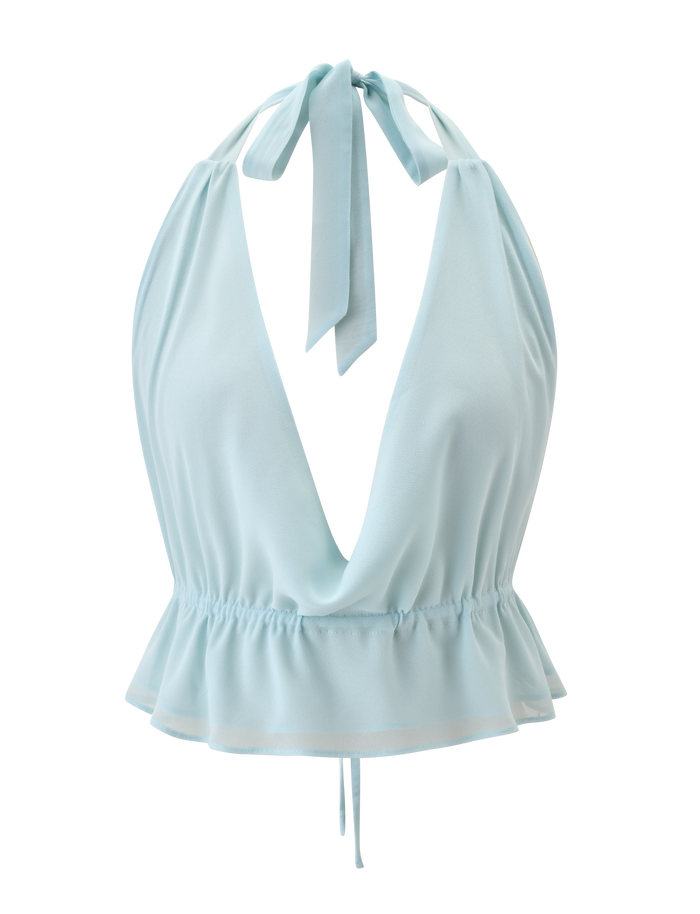 The TIGERMIST VEDA OPEN BACK COWL TOP in seafoam features an adjustable halter neck, deep V-neckline, elasticated waist, and ruffled peplum hem, shown on a plain white background.