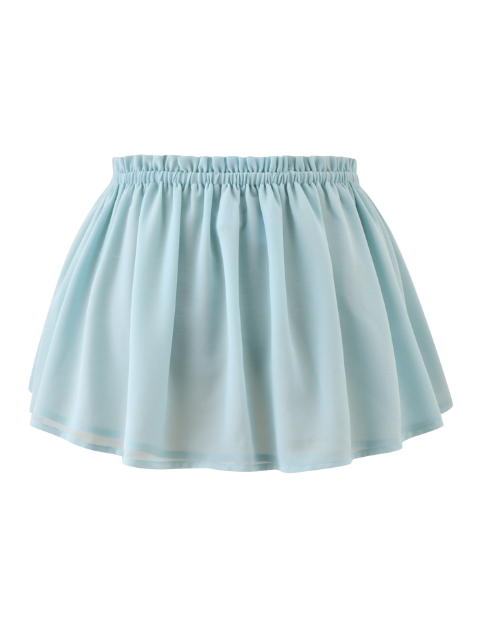 The TIGERMIST VEDA RUCHED MINI SKIRT in seafoam features a flounce silhouette and elastic waistband, crafted from lightweight fabric for a soft, airy look. Photographed on a plain white background for a fresh vibe.