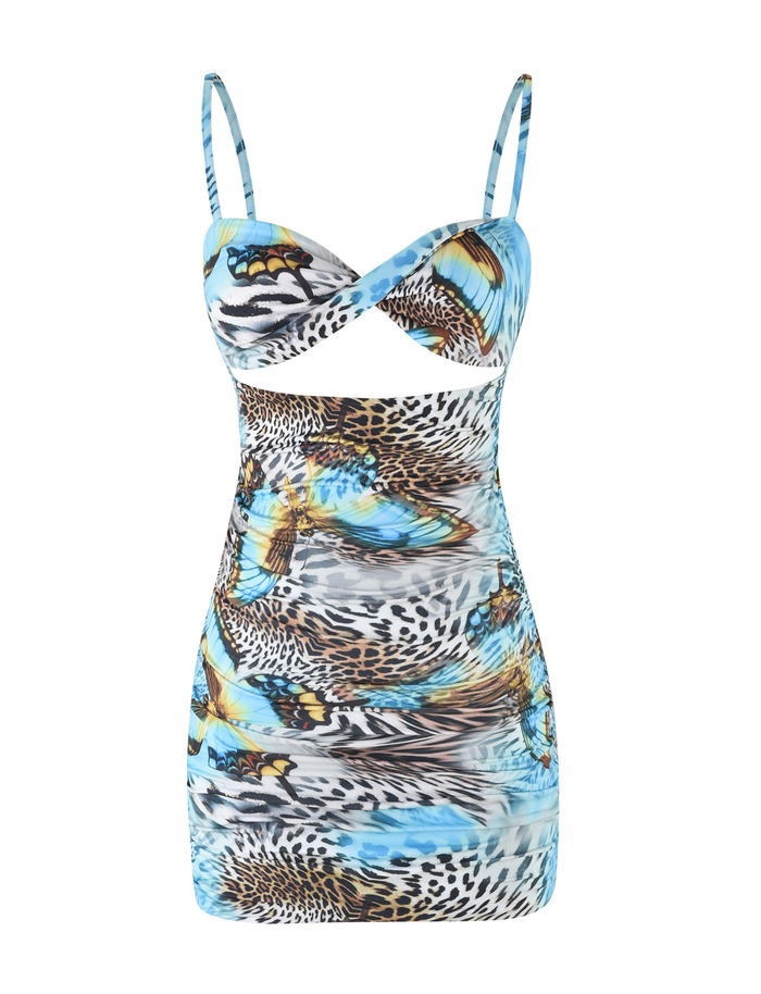 The TIGERMIST VERA MINI DRESS features a sleeveless bodycon fit with thin straps, a cut-out below the bust, and a chic butterfly and animal print on white.