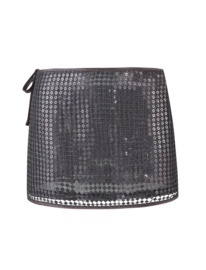 The VERENA MINI SKIRT by TIGERMIST features a steel grey sequin mini design with a short black silhouette, side tie detail, sheer accent, and full lining for comfort.