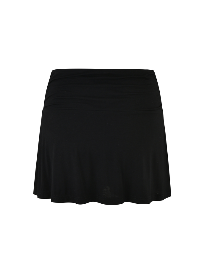 The VERITY SKORT - BLACK by TIGERMIST is a mini-length skort with a wide waistband and subtle bodycon fit, shown against a white background.