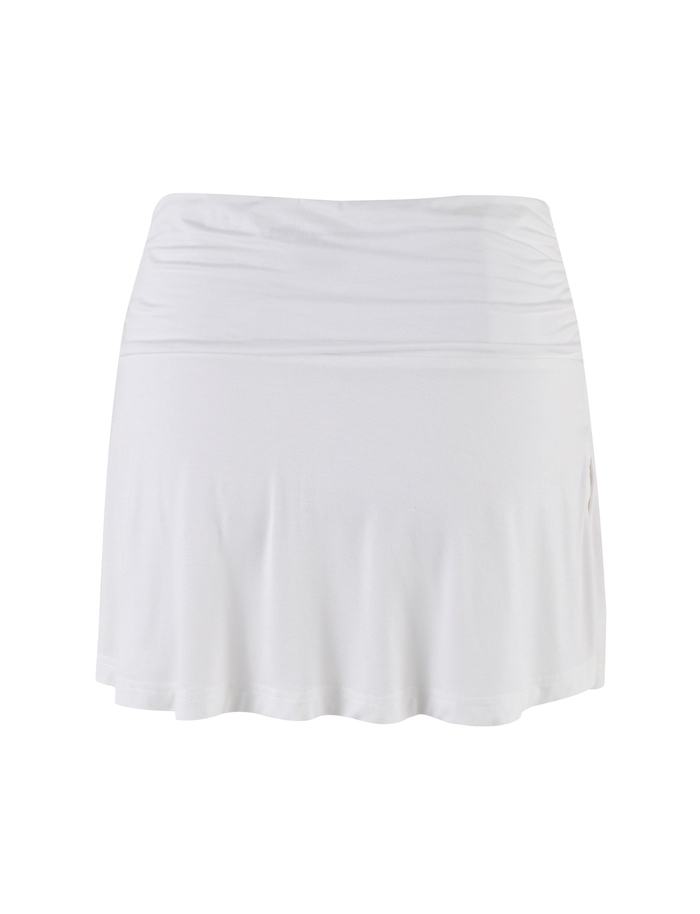 The TIGERMIST VERITY SKORT in white is a knee-length, A-line skort with a smooth waistband, shown against a white background.