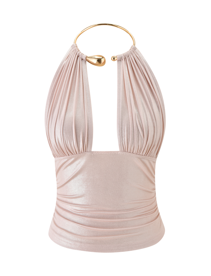 The VIANNA TOP - BABY PINK by TIGERMIST is a sleeveless metallic top with a pleated bodice, gold choker neckline, and chic ruched waist for added glamour.