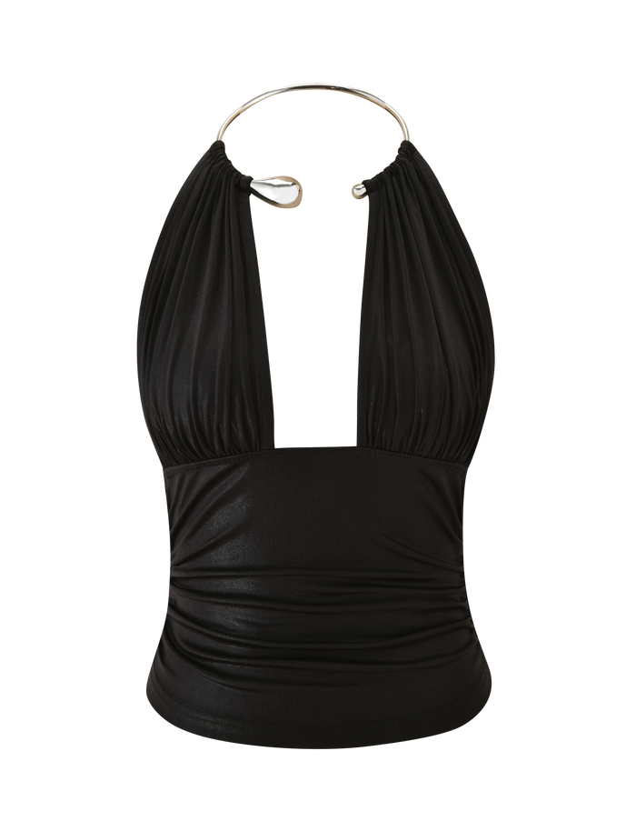 The TIGERMIST VIANNA TOP in black metallic features a plunging neckline, gathered fabric, and a metallic ring halter strap, shown against a white background.