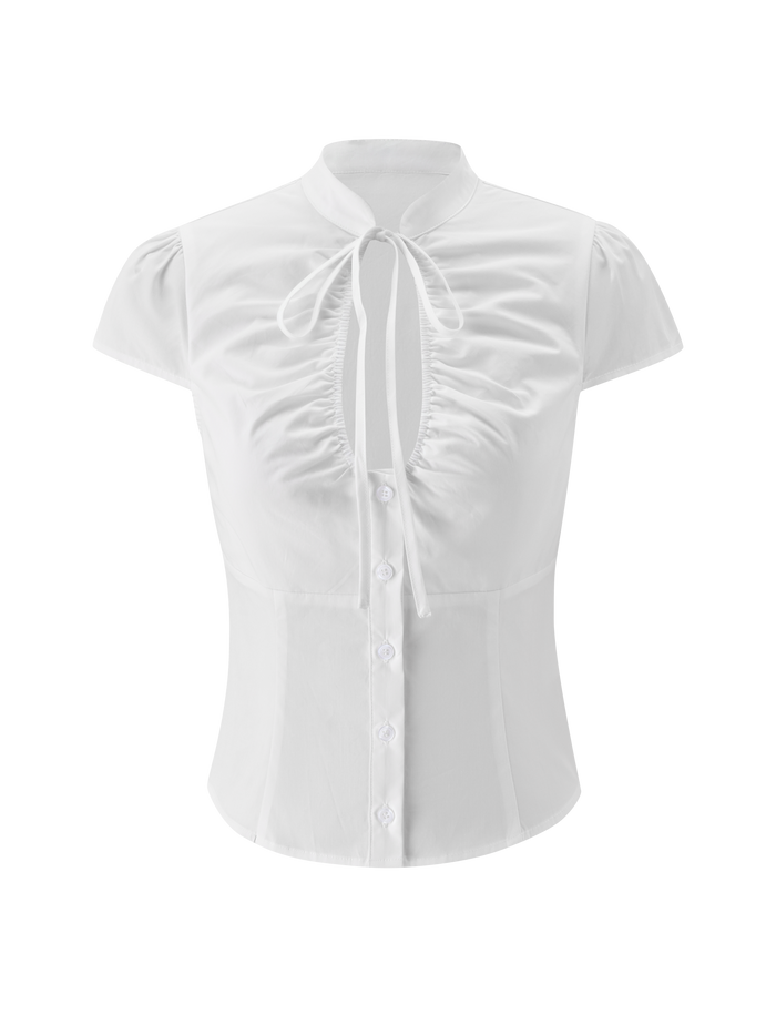 The TIGERMIST VIOLA SHIRT - WHITE is a white short sleeve top with a button-down front, ruched chest detail, high Mandarin collar with neck tie, and a fitted waist.