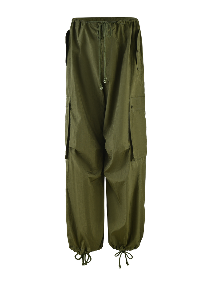 TIGERMIST VIOLETTE PANT in khaki green features a low-rise, relaxed fit with large side pockets, adjustable drawcord waist, and ankle drawstrings for a casual, utilitarian look.