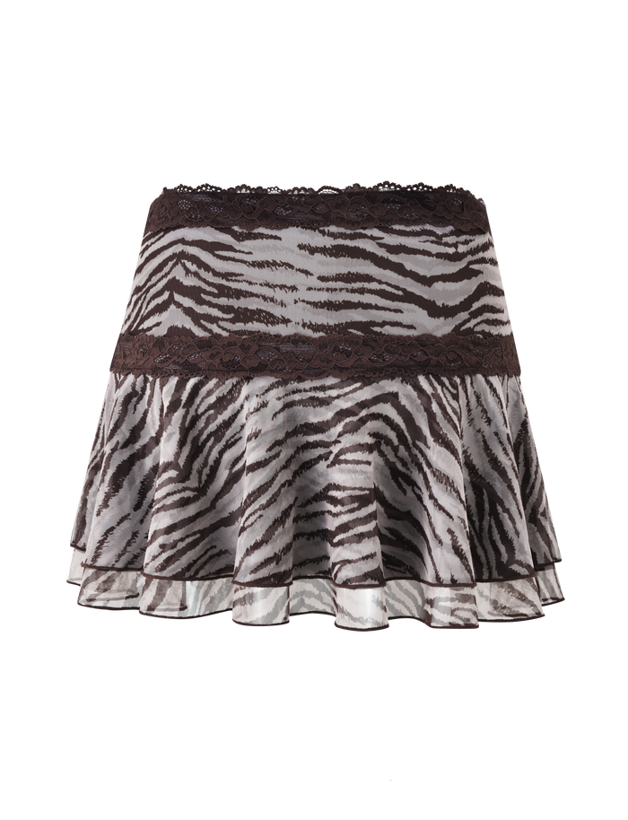 The TIGERMIST VIRA MINI SKIRT in Neutral Zebra features double-tiered ruffles, a wide dark lace waistband, and a scalloped lace hem, adding playful edge to any look.