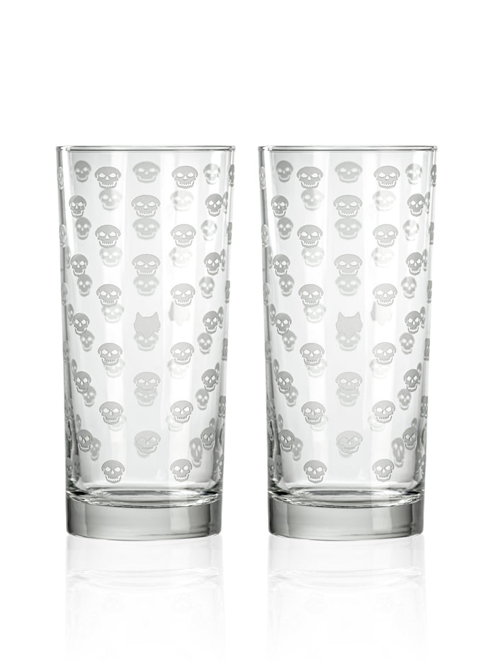 Voodoo Highball Glass Set - Clear 15oz Skull & Wolf Print, Pair View | Greyson Clothiers