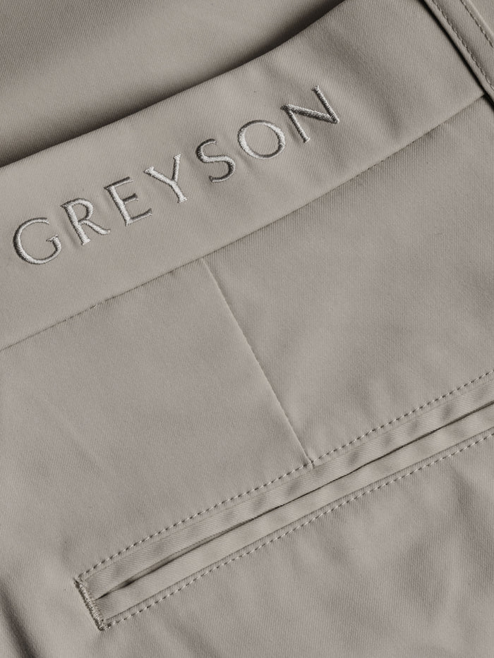 Stone Wainscott Short Back Pocket Close-Up - Embroidered Greyson Logo on Waistband