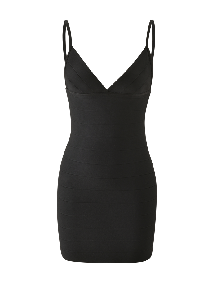 The TIGERMIST WEN BANDAGE MINI DRESS - BLACK is a sleeveless, V-neck mini dress with a bodycon fit and adjustable straps. Subtle horizontal banding adds texture to its fitted silhouette, shown on a white background.