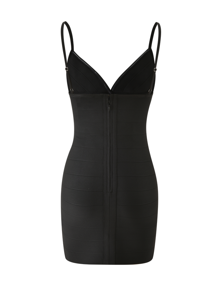 The TIGERMIST WEN BANDAGE MINI DRESS in black is a fitted bodycon mini with adjustable straps, deep V neckline, and back zipper. Shown on a plain white background for an effortlessly chic look.