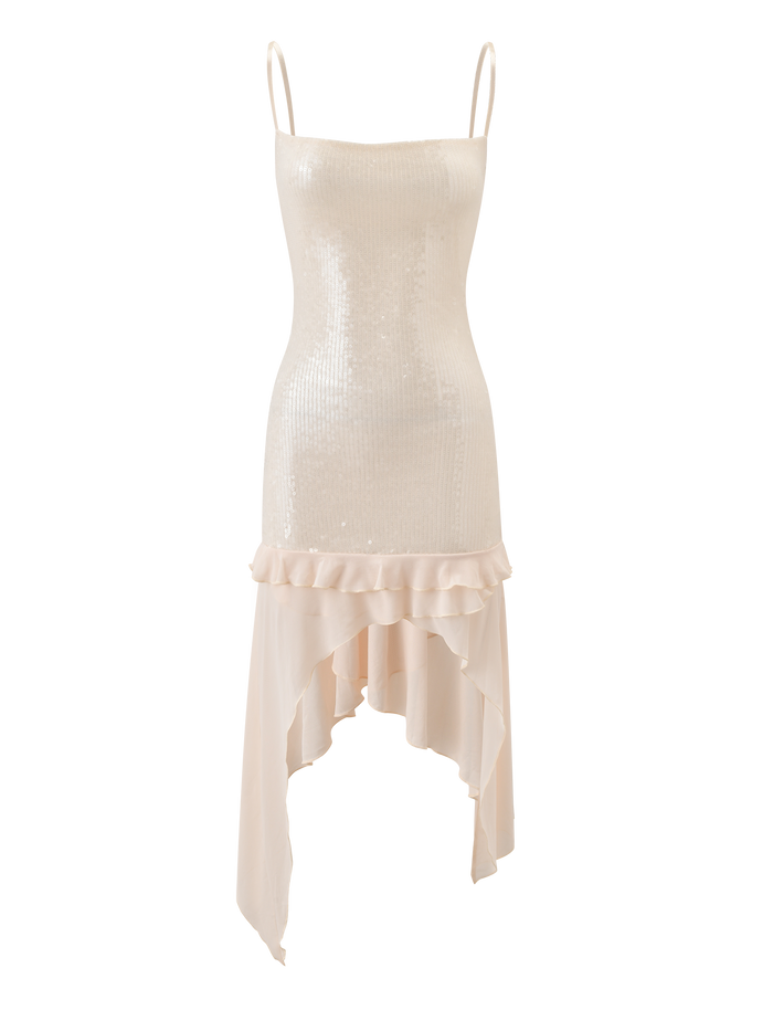 The WILLAH DRESS - CREAM by TIGERMIST is a sleeveless sequin midi dress featuring adjustable spaghetti straps, a fitted bodice, ruffle hip detail, and an asymmetrical chiffon hemline draping longer at the sides.