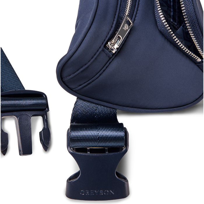 Maltese Blue Wind Cross Body Pack Greyson-branded buckle clasp and adjustable strap - Hardware Detail | Greyson Clothiers