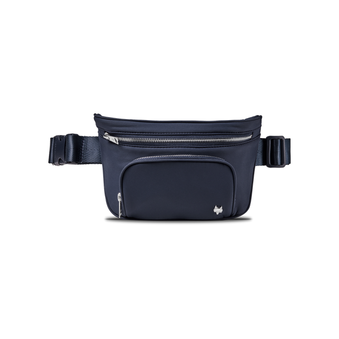 Maltese Blue Wind Cross Body Pack dual silver zippers, front zip pocket, wolf emblem - Front View | Greyson Clothiers