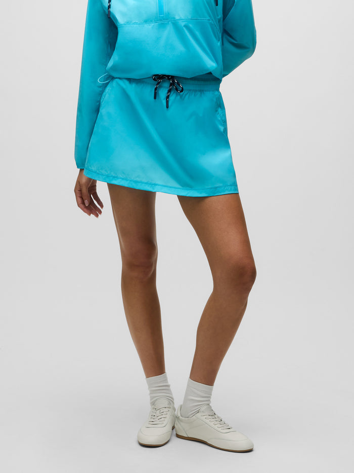Maltese Blue Technical Wind Skirt - Front View, Drawstring Waist Detail, Women's Golf Skirt | Greyson Clothiers