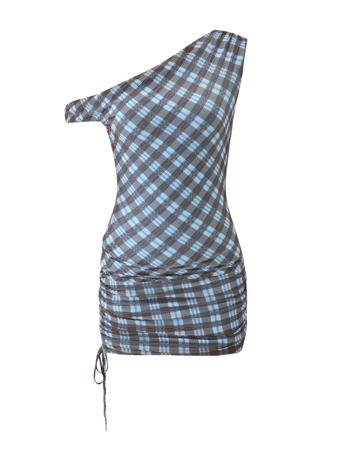 The TIGERMIST WINSLOW MINI DRESS - BLUE CHECK is a sleeveless, blue and brown plaid off-shoulder dress with an asymmetrical neckline, side ruching, and an adjustable drawstring for a flattering fit.