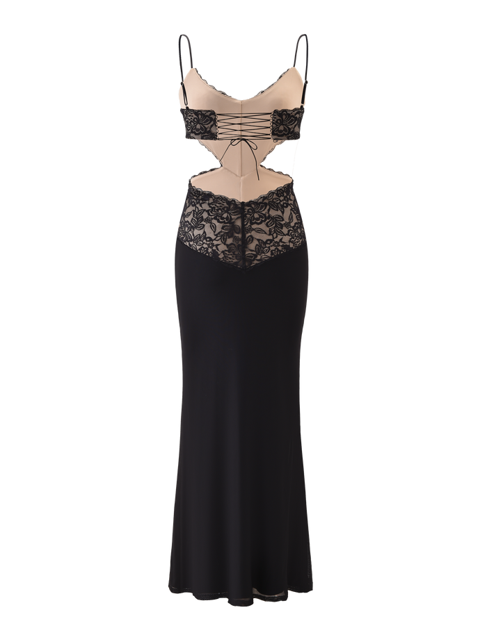 The TIGERMIST WISTERIA MAXI DRESS - BLACK features thin adjustable straps, nude mesh panels, black lace bodice and hip details, cutout sides, and a fitted silhouette that flares subtly at the hem.