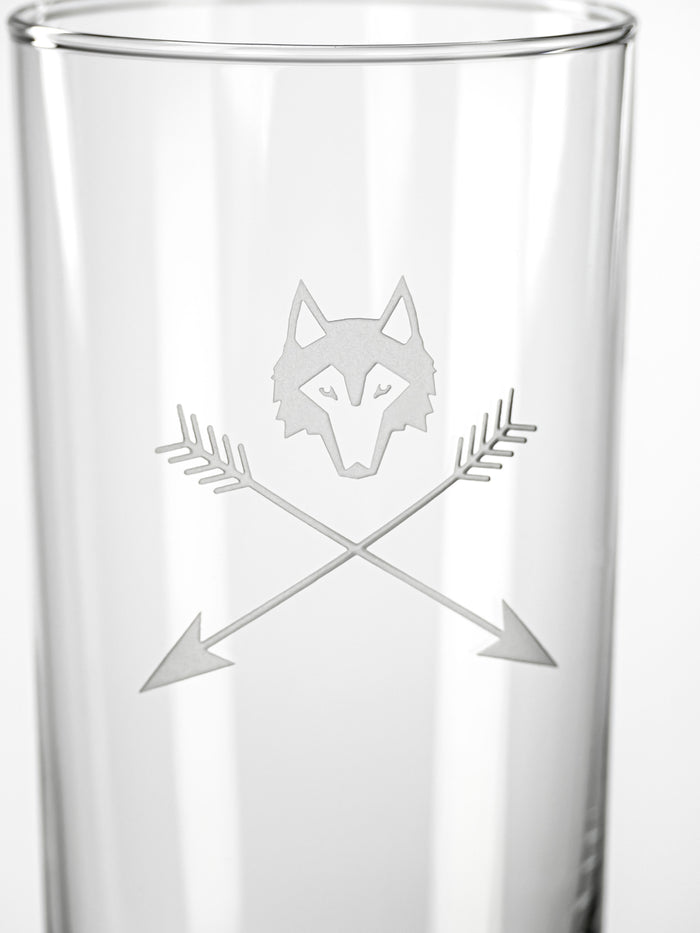 Greyson Clothiers Wolf and Arrows High Ball Glass - Etched Wolf Logo Close-Up Detail | Greyson Clothiers