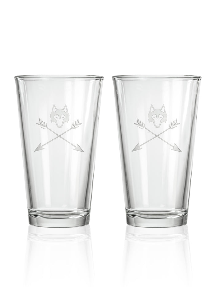 Greyson Clothiers Wolf and Arrows 16oz Pint Glass Set - Clear, Set of Two, Front View | Greyson Clothiers