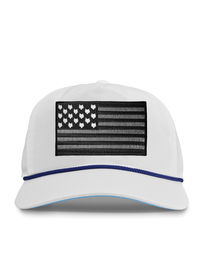 Arctic White Nylon Wolf Flag Rope Hat with Navy Rope Brim - Front View | Greyson Clothiers