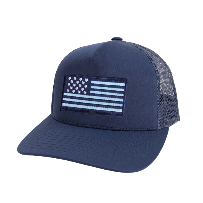 Greyson Clothiers Wolf Flag Trucker Hat in Maltese Blue - 3/4 Angle | wolf snapback hat