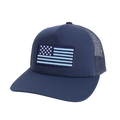 Greyson Clothiers Wolf Flag Trucker Hat in Maltese Blue - 3/4 Angle | wolf snapback hat
