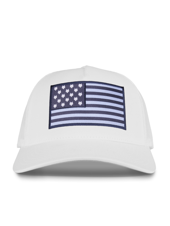 Greyson Clothiers Wolf Flag Trucker Hat in Arctic White - Front View | wolf trucker hat
