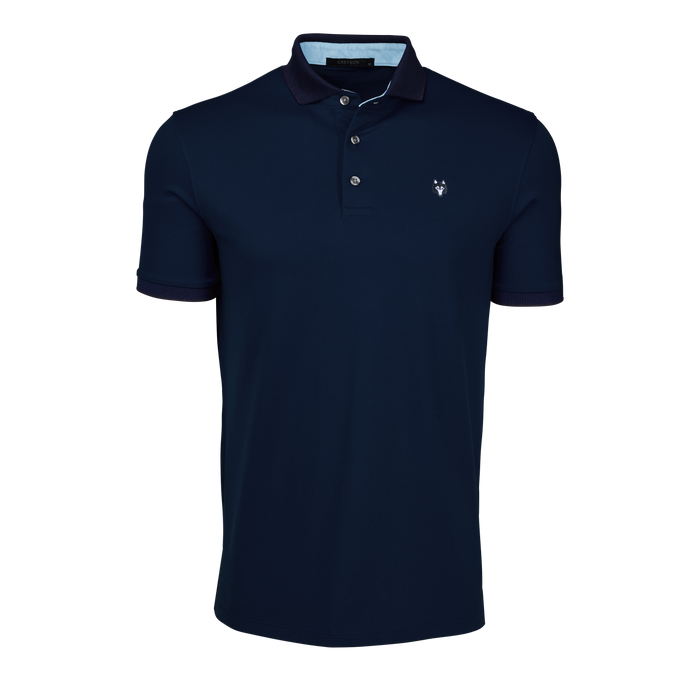 Navy Wolf Icon Short Sleeve Performance Golf Polo - Front View, Contrast Collar & Wolf Logo Detail | Greyson Clothiers